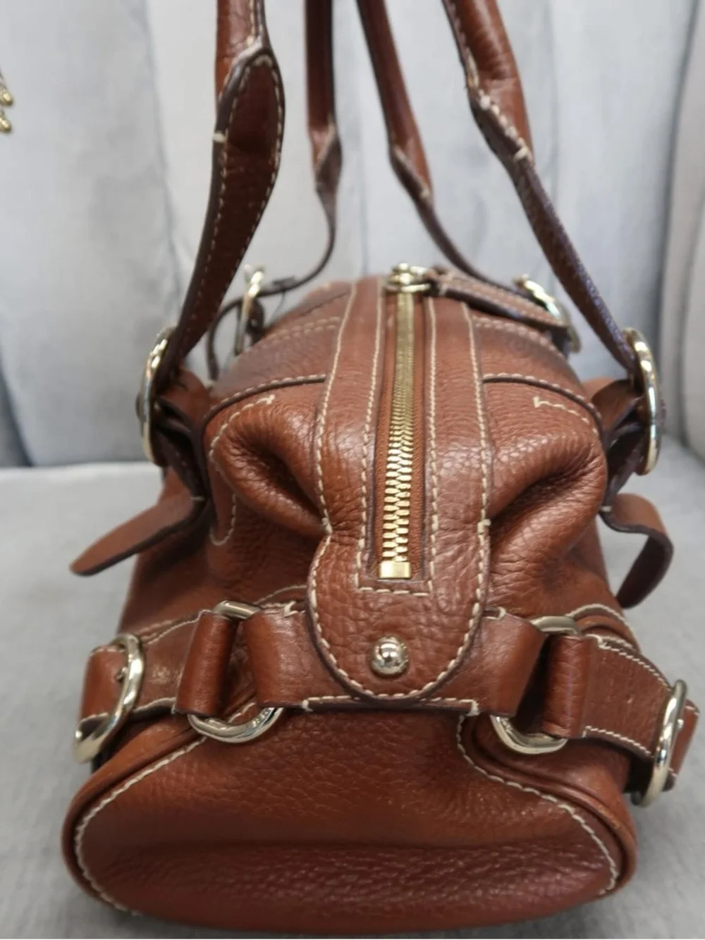 Burberry Brown Pebbled Leather Double-Handle Satchel - Picture 7 of 11